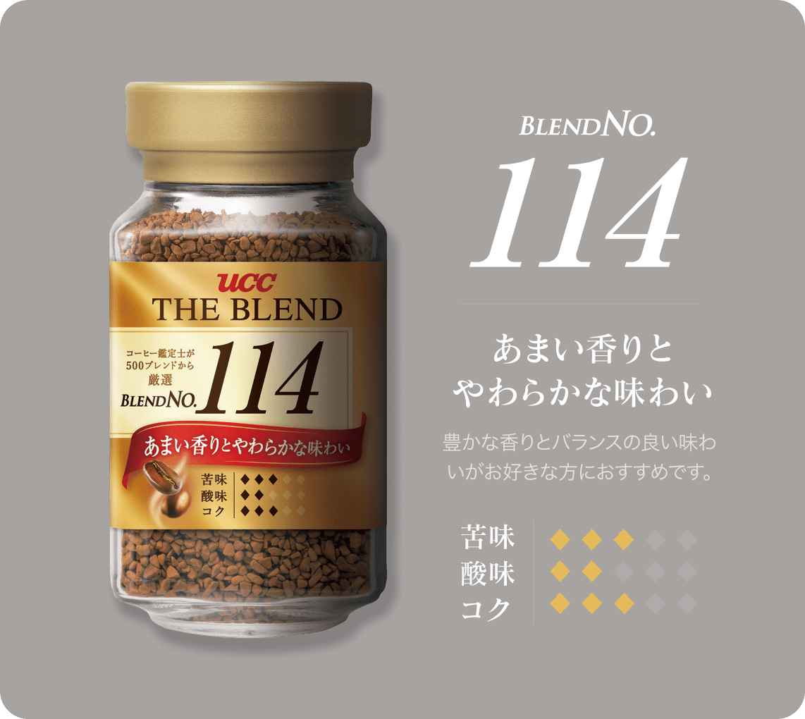 BLEND NO.114 あまい香りとやわらかな味わい 豊かな香りとバランスの良い味わいがお好きな方におすすめです。