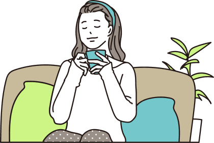 ソファでくつろぎながらコーヒーを楽しむイラスト