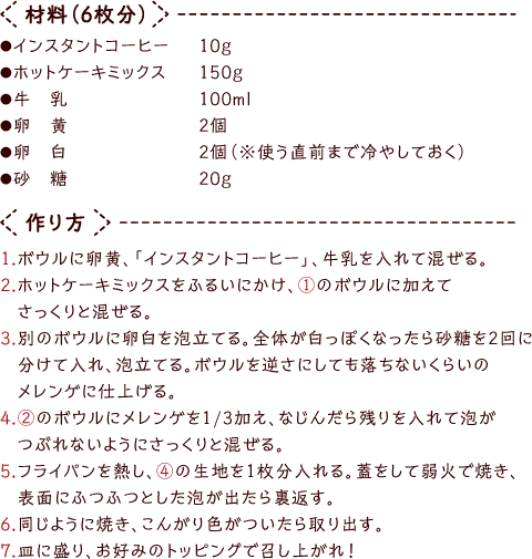 材料（6枚分）●インスタントコーヒー10ｇ●ホットケーキミックス150ｇ●牛乳100ml●卵黄2個●卵白2個（※使う直前まで冷やしておく）●砂糖20ｇ - 作り方1.ボウルに卵黄、「インスタントコーヒー」、牛乳を入れて混ぜる。2.ホットケーキミックスをふるいにかけ、①のボウルに加えて2.さっくりと混ぜる。3.別のボウルに卵白を泡立てる。全体が白っぽくなったら砂糖を2回に分けて入れ、泡立てる。ボウルを逆さにしても落ちないくらいの2.メレンゲに仕上げる。4.②のボウルにメレンゲを1/3加え、なじんだら残りを入れて泡がつぶれないようにさっくりと混ぜる。5.フライパンを熱し、④の生地を1枚分入れる。蓋をして弱火で焼き、表面にふつふつとした泡が出たら裏返す。6.同じように焼き、こんがり色がついたら取り出す。7.皿に盛り、お好みのトッピングで召し上がれ！