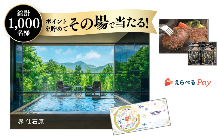 総計1,000名様 ポイントを貯めてその場で当たる！ 星野リゾート 宿泊ギフト券／「びらとり和牛専門店くろべこ」びらとり和牛ハンバーグセット／えらべるPay