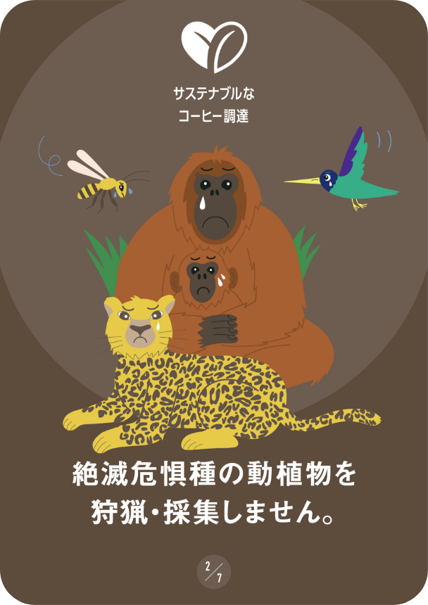 絶滅危惧種の動植物を狩猟・採集しません。