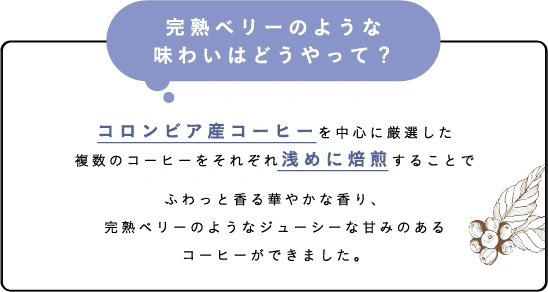 完熟ベリーのような味わいはどうやって？コロンビア産コーヒーを中心に厳選した複数のコーヒーをそれぞれ浅めに焙煎することでふわっと香る華やかな香り、完熟ベリーのようなジューシーな甘みのあるコーヒーができました。