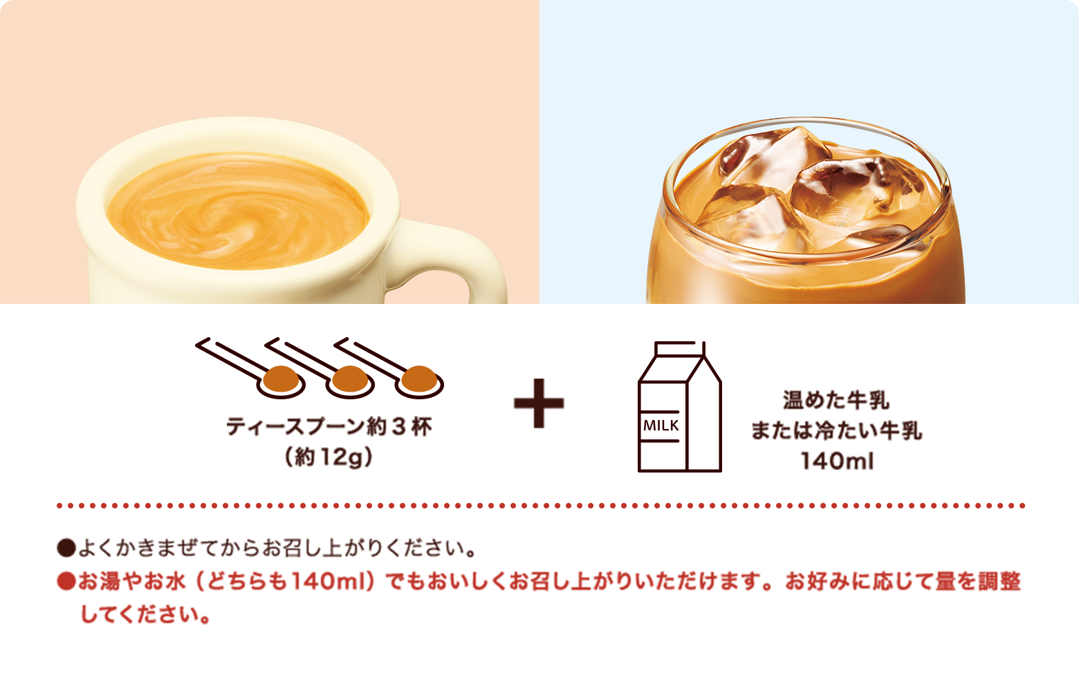 ティースプーン約3杯 （約12g）+ 温めた牛乳 または冷たい牛乳 140ml ●よくかきまぜてからお召し上がりください。 ●お湯やお水（どちらも140ml）でもおいしくお召し上がりいただけます。お好みに応じて量を調整してください。