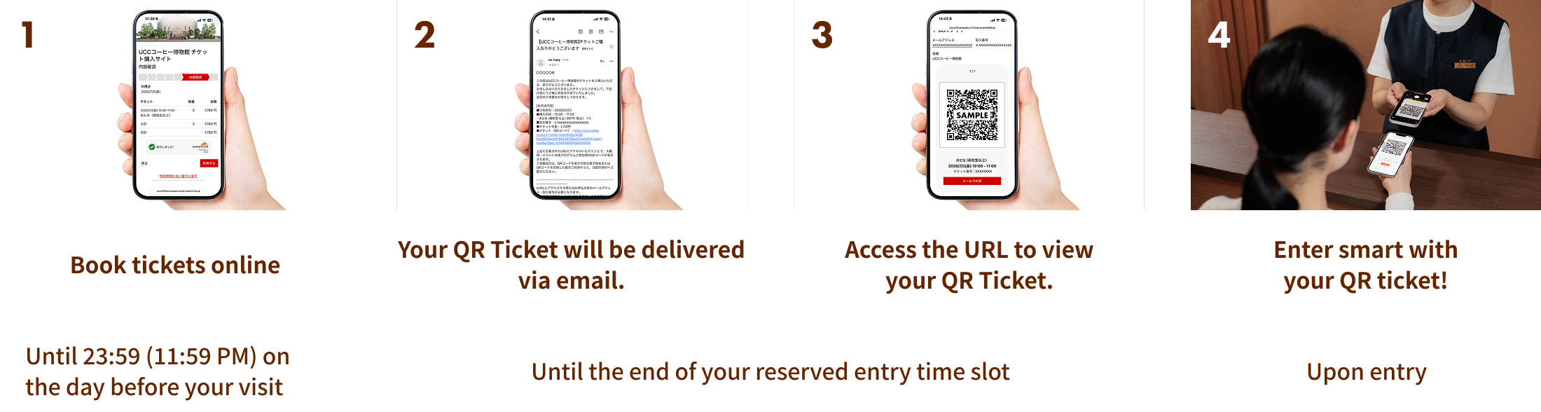 1:Book tickets online(Until 23:59 (11:59 PM) on the day before your visit) 2:Your QR Ticket will be delivered via email.(Until the end of your reserved entry time slot) 3: Access the URL to view your QR Ticket.(Until the end of your reserved entry time slot) 4:Enter smart with your QR ticket!(Upon entry)